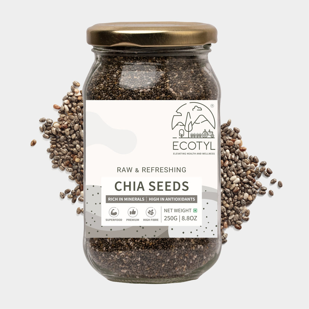 Ecotyl Chia Seeds 250g glass jar with raw chia seeds