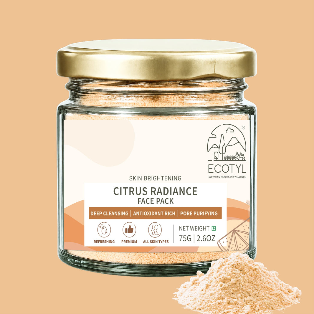 Ecotyl Citrus Radiance Face Pack 75g jar on peach background