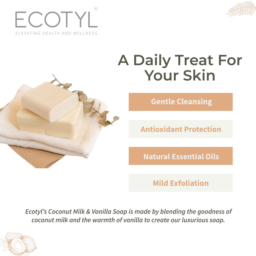 Ecotyl Coconut Milk Soap benefits: gentle cleansing, natural protection, natural essential oils, mild exfoliation