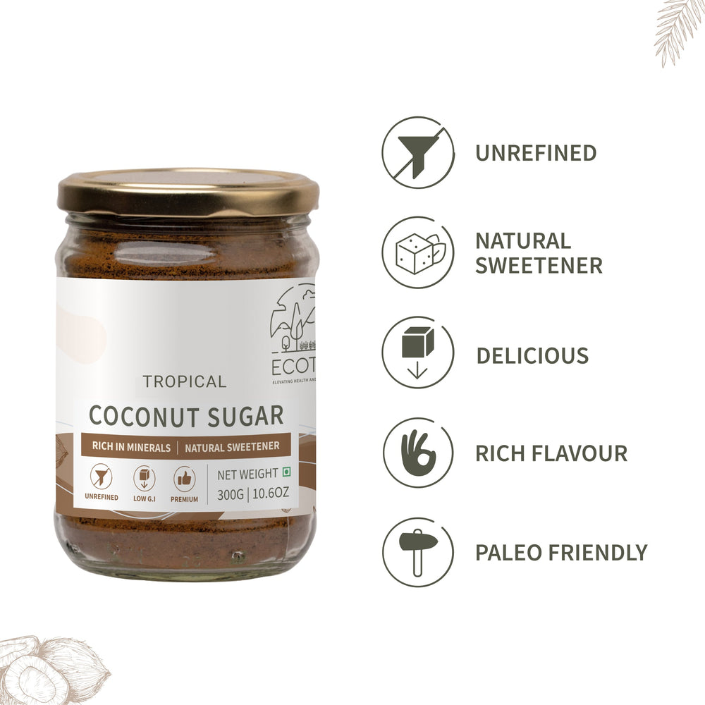 Ecotyl Coconut Sugar features: unrefined, natural sweetener, delicious, rich flavour, paleo friendly