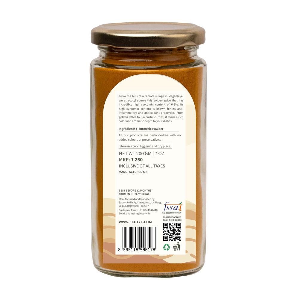 Ecotyl Lakadong Turmeric Powder back label with ingredients and FSSAI details