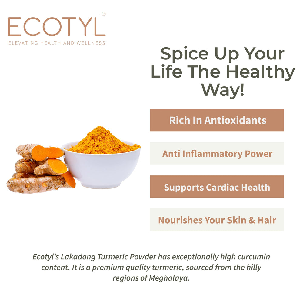 Ecotyl Lakadong Turmeric benefits: rich in antioxidants, anti-inflammatory, supports cardiac health, nourishes skin and hair