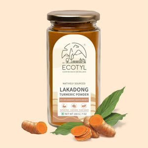 Ecotyl Organic Lakadong Turmeric Powder jar with fresh turmeric root