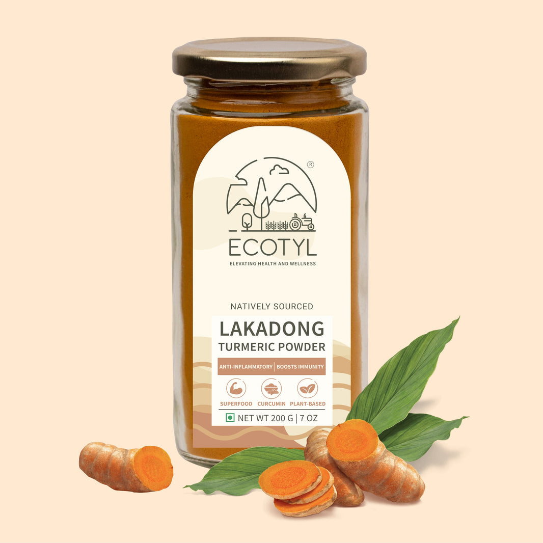 Ecotyl Organic Lakadong Turmeric Powder jar with fresh turmeric root