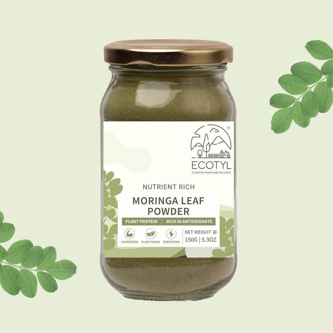 Ecotyl Moringa Leaf Powder jar with moringa leaves