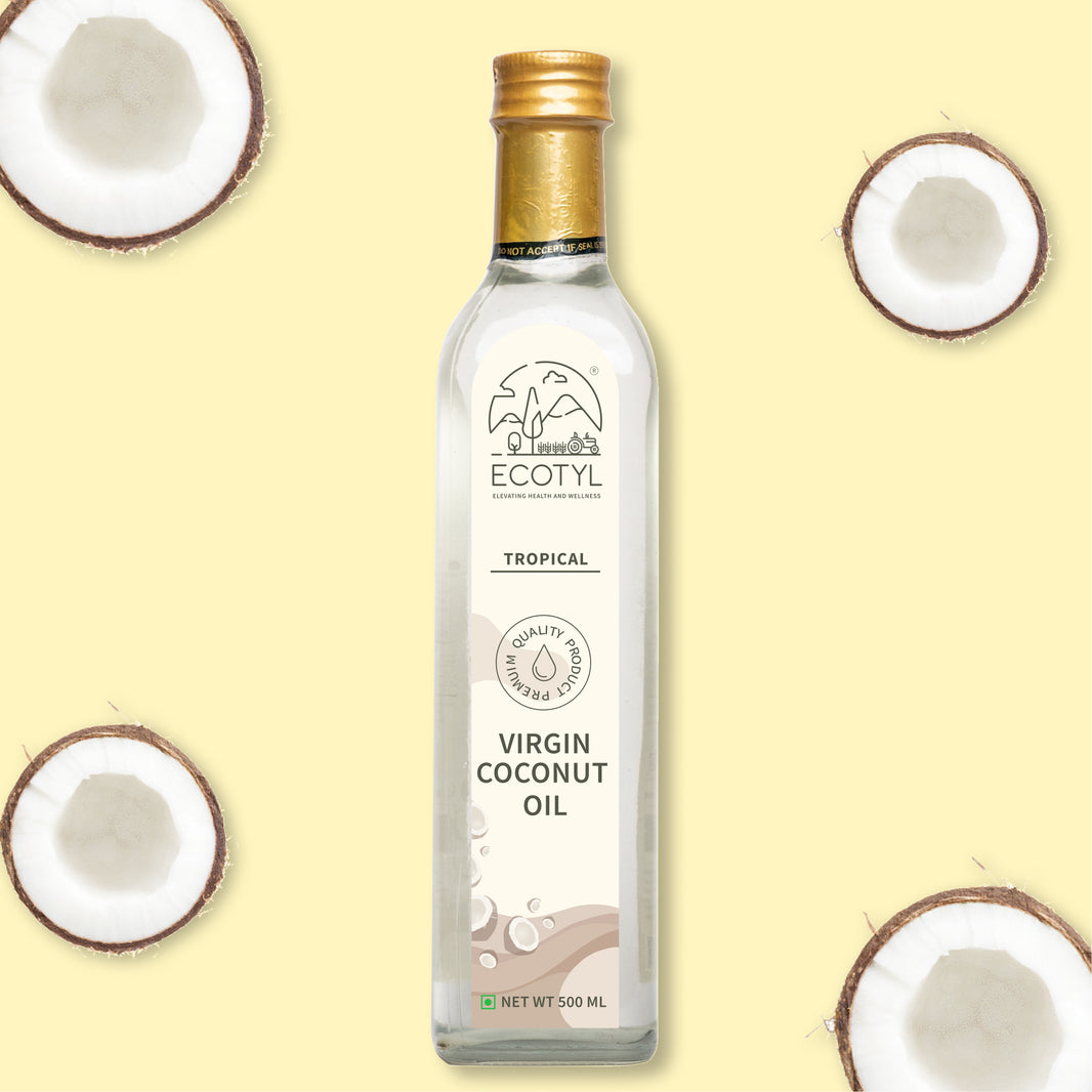 Ecotyl Virgin Coconut Oil 500ml bottle with fresh coconut
