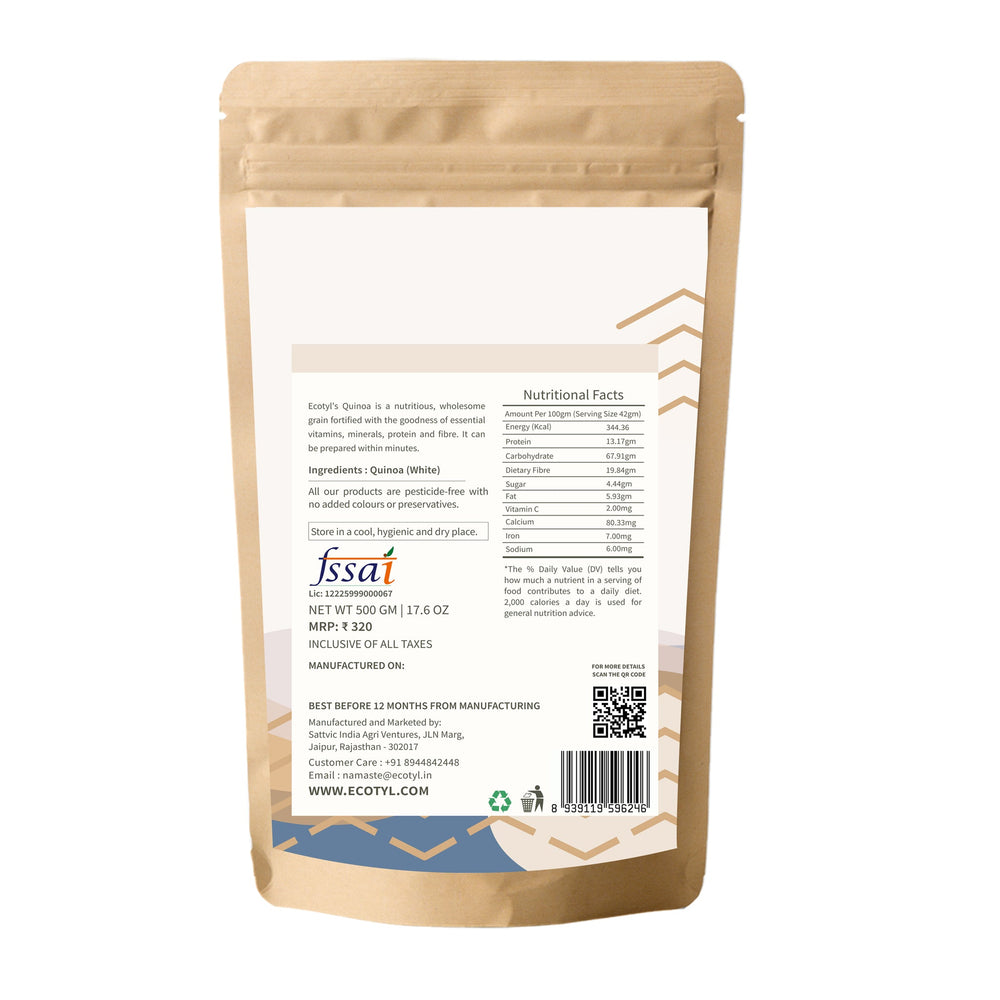 Ecotyl Organic White Quinoa back label with ingredients and FSSAI details