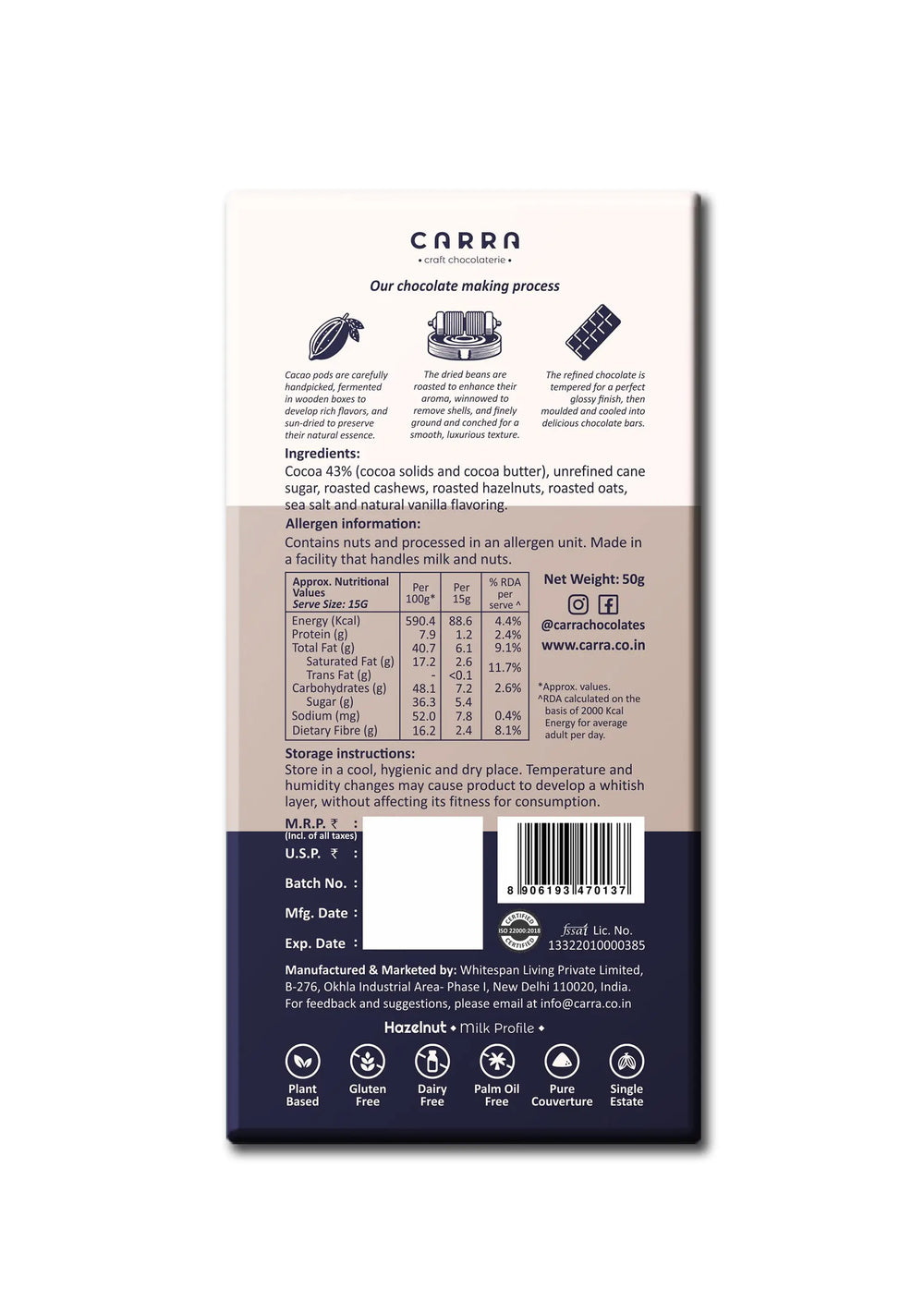 CARRA Hazelnut in Plant Based Milk Chocolate 50G - EarthBased 