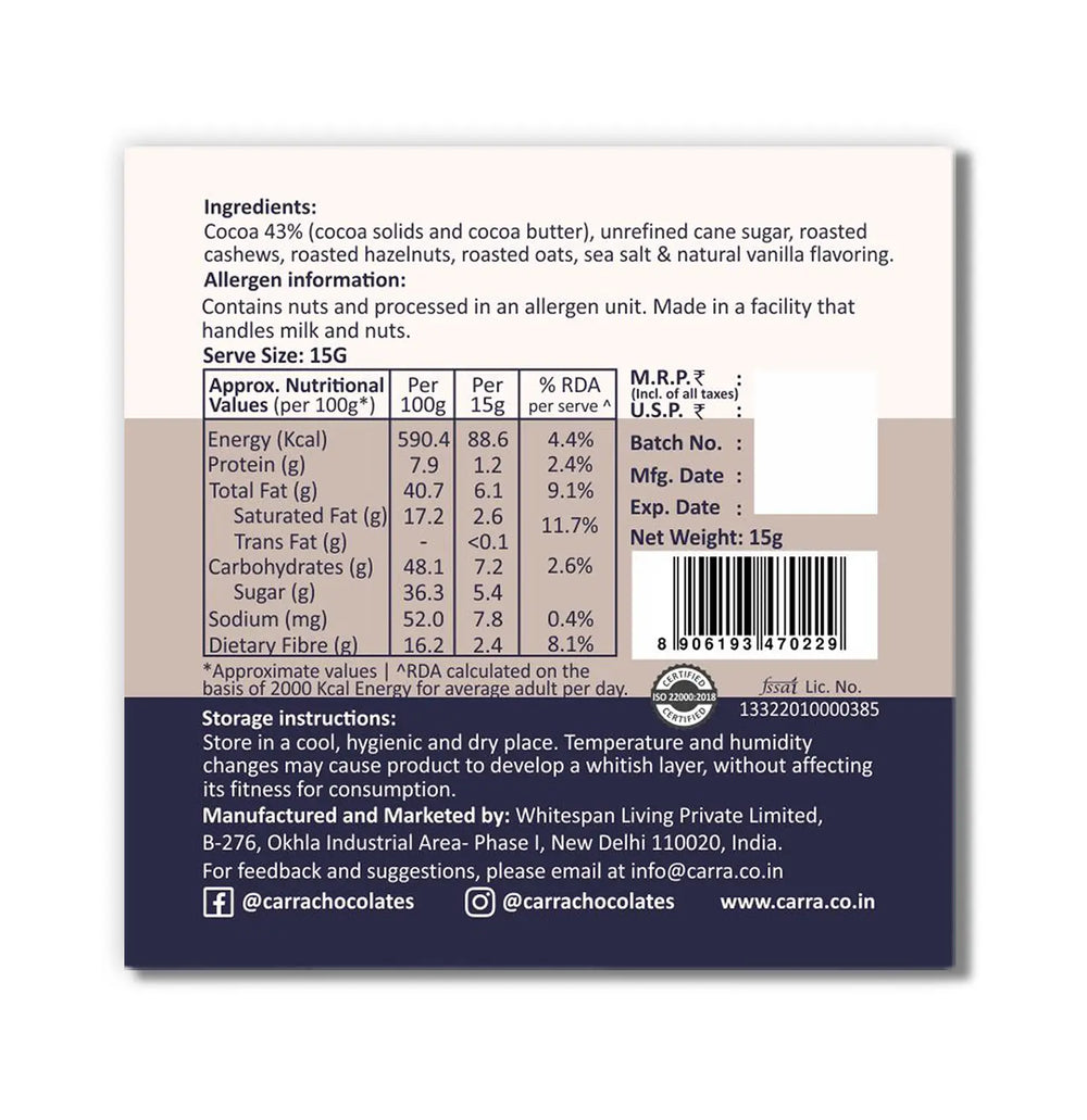 CARRA Hazelnut in Plant Based Milk Chocolate 15G - EarthBased 