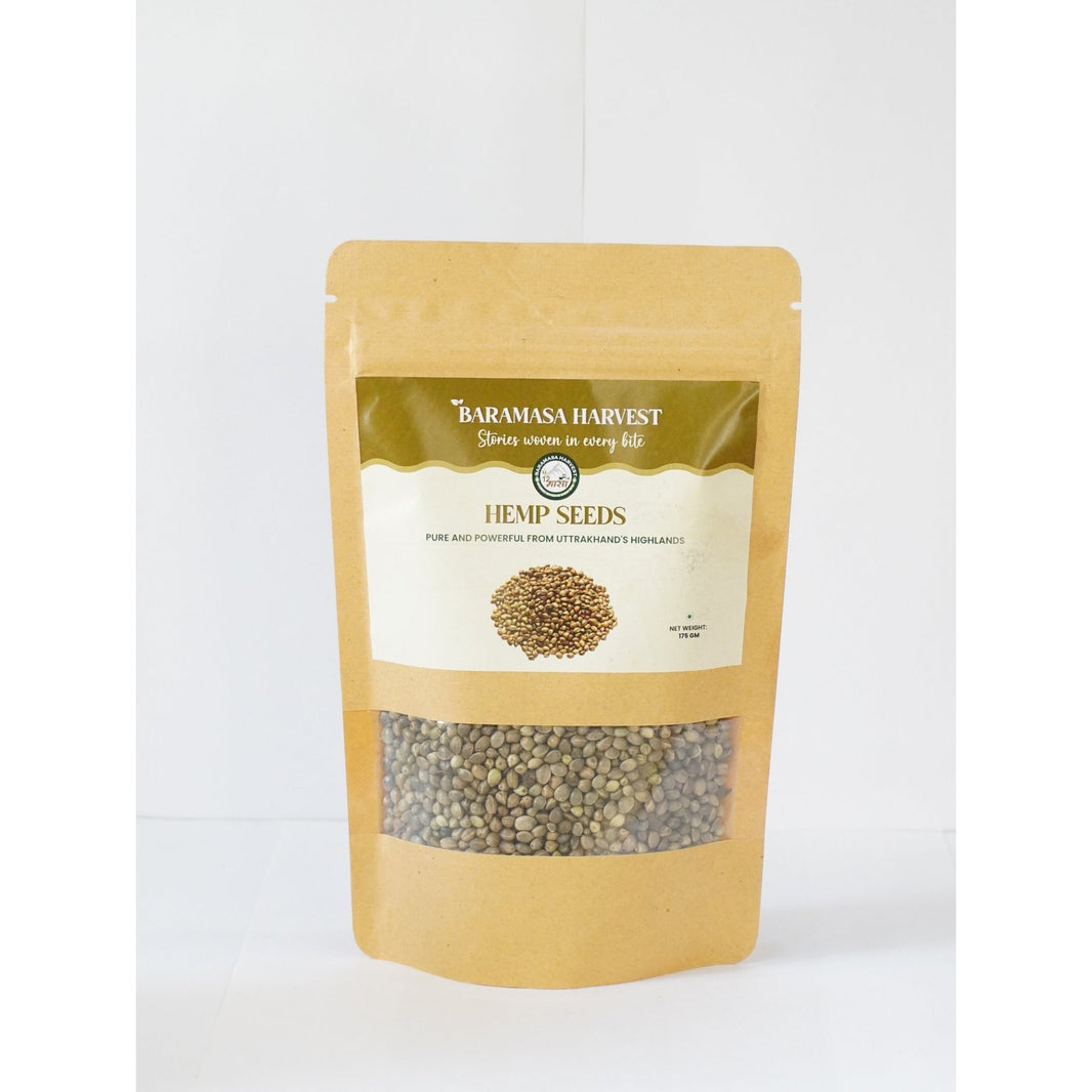 Baramasa Harvest hemp seeds kraft pouch from Uttarakhand