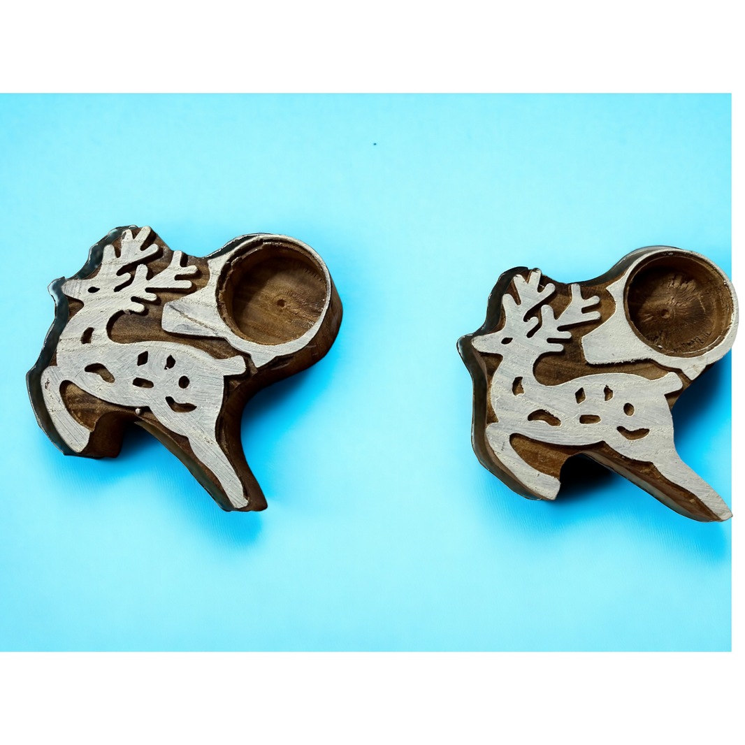Reindeer tea light holder set of 2 by ONEarth, handcrafted Jamun wood