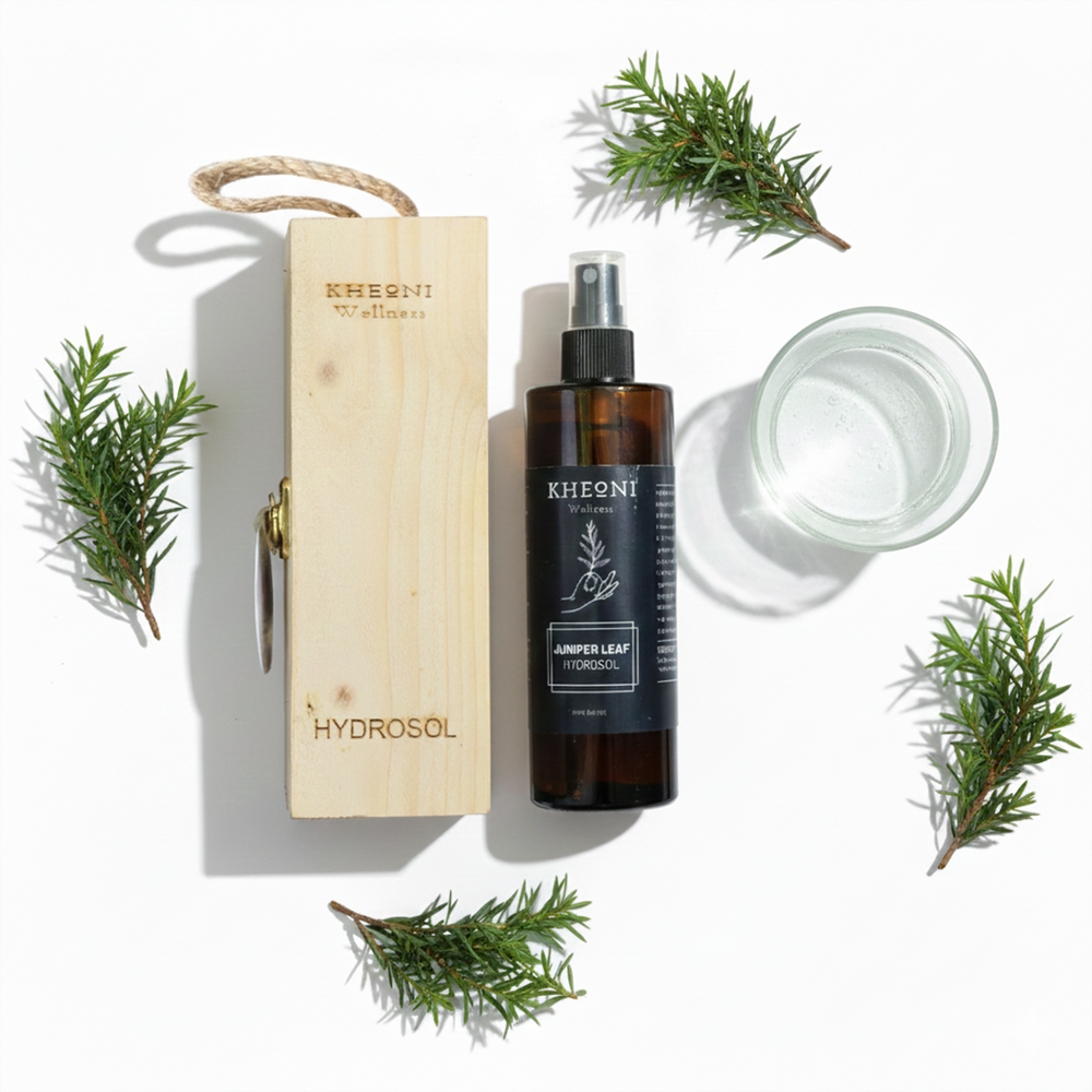 Kheoni Juniper Leaf hydrosol spray bottle – close-up