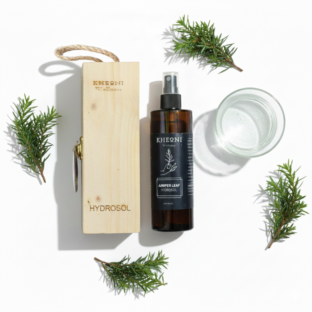 Kheoni Juniper Leaf hydrosol spray bottle – close-up