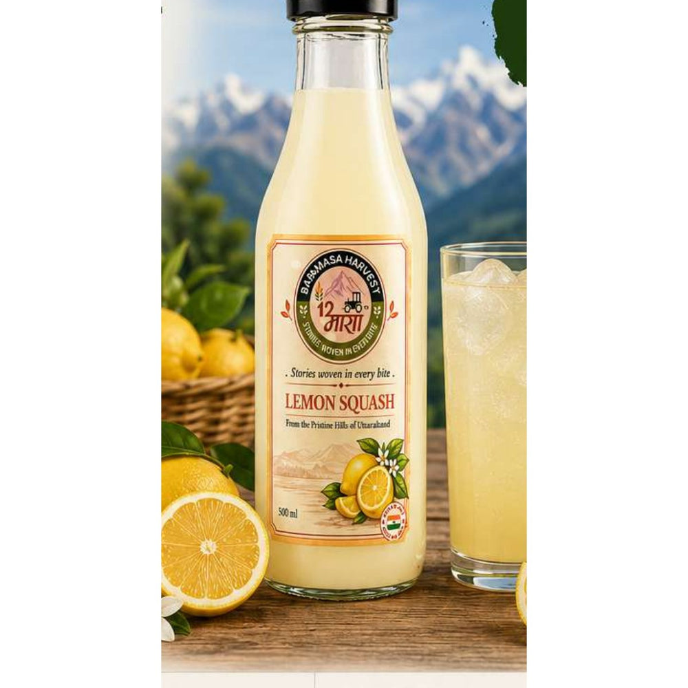 Baramasa Harvest Lemon Squash 500 ml glass bottle with fresh lemons