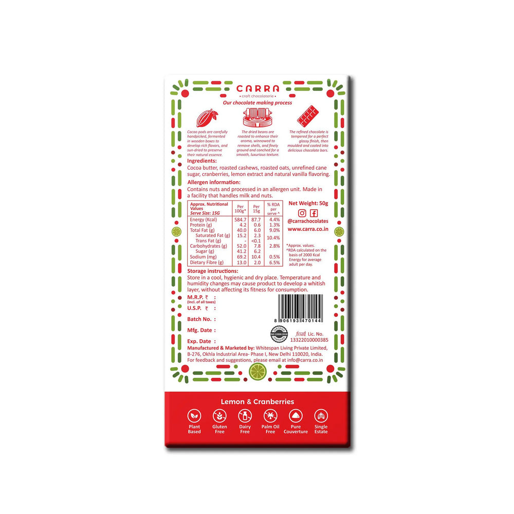 CARRA Lemon & Cranberries in Plant Based White Chocolate 50G - EarthBased 