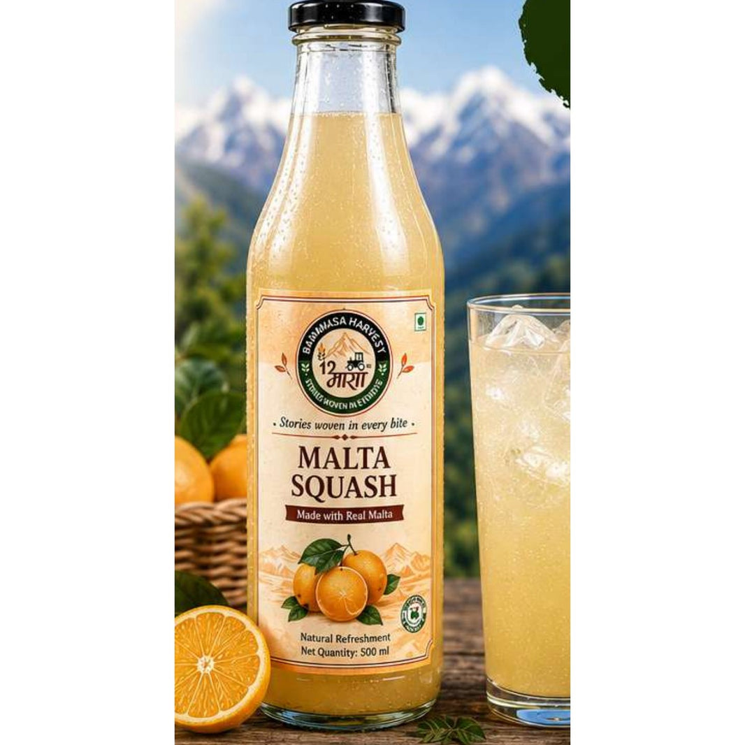 Baramasa Harvest Malta Squash 500 ml glass bottle with Himalayan malta oranges