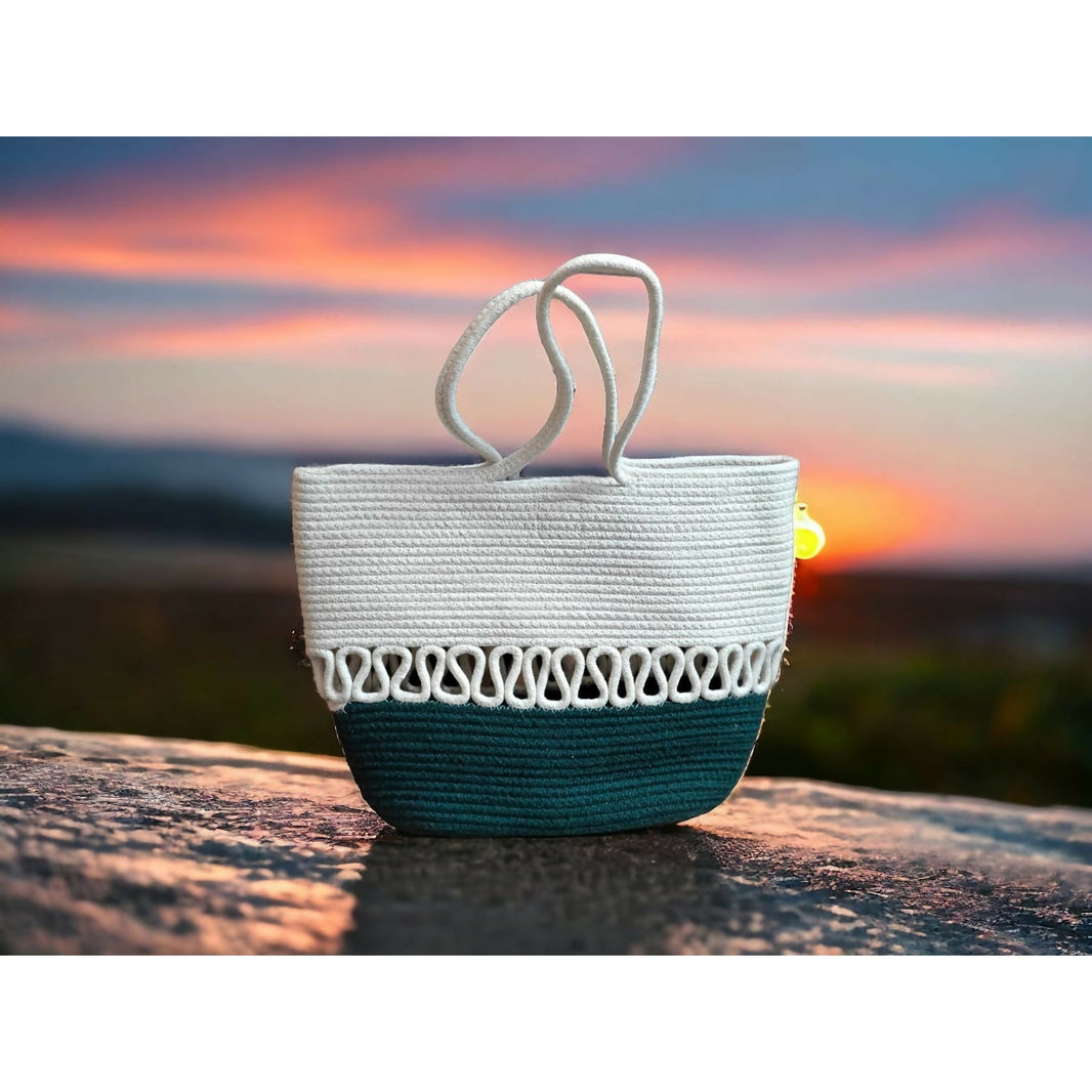 Cream and green designer handbag by ONEarth, handmade with cotton rope
