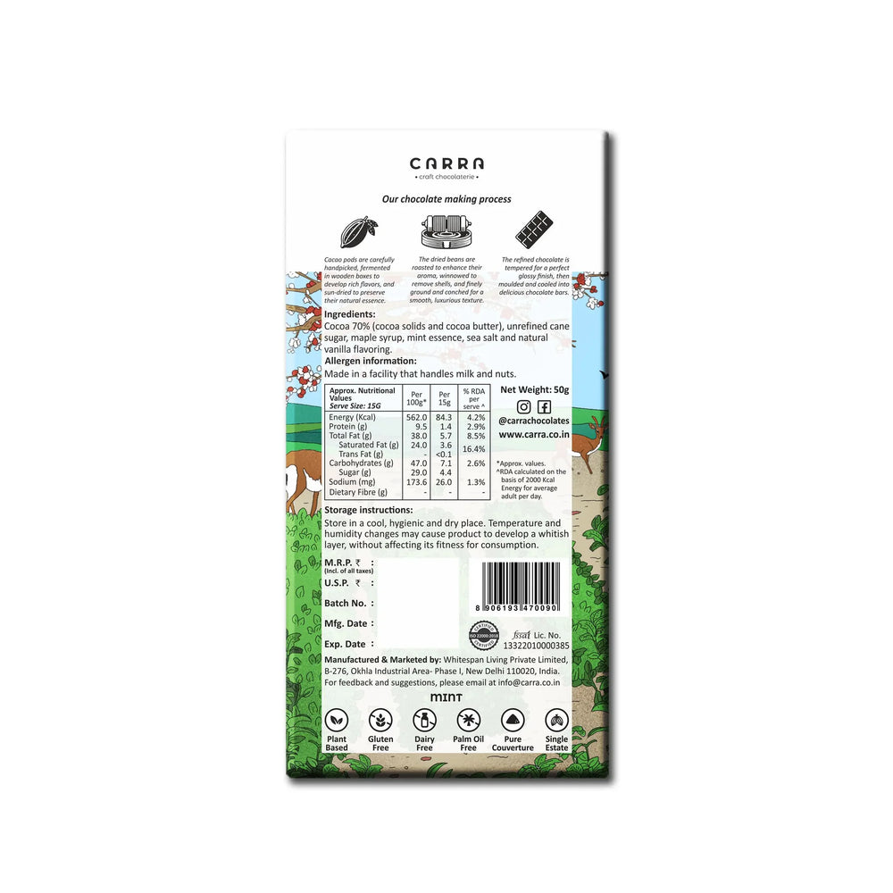 CARRA Mint in 70% Dark Chocolate 50G - EarthBased 