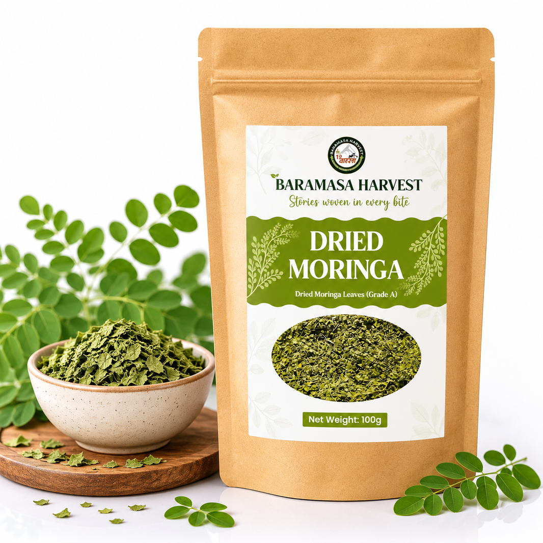 Baramasa Harvest dried moringa leaves 100 g kraft pouch with bowl of leaves