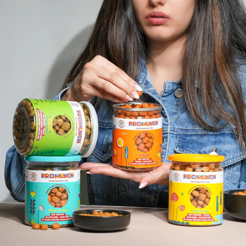 PROMUNCH Roasted SOYA Snack | Vegan |Gluten-Free | Pack of 2 Flavour: Noodle Masala 150 g Each - EarthBased 