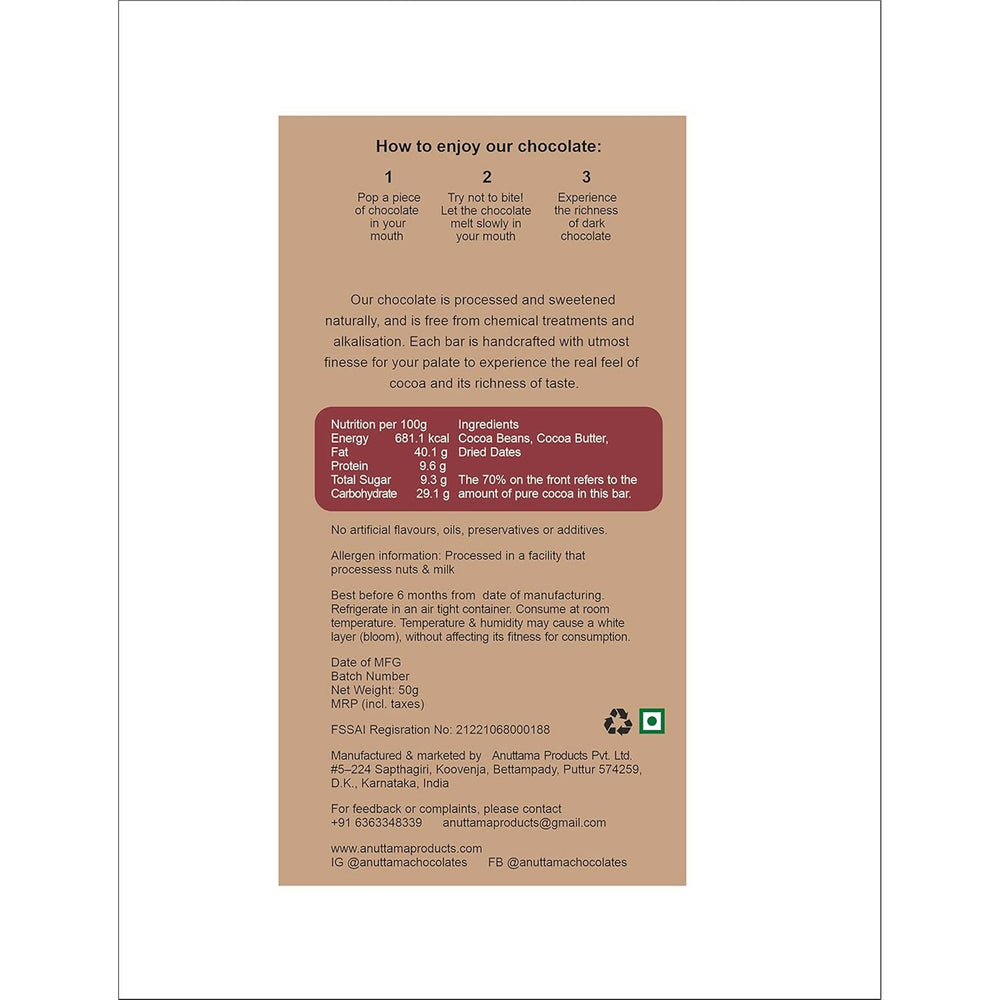 ANUTTAMA Dark Chocolate (50g x 2) Combo of Dates | Handmade Natural Chocolate Bar | Dark Chocolate Bar|Chocolate for Gift |No Artificial Flavours & Colors - EarthBased 