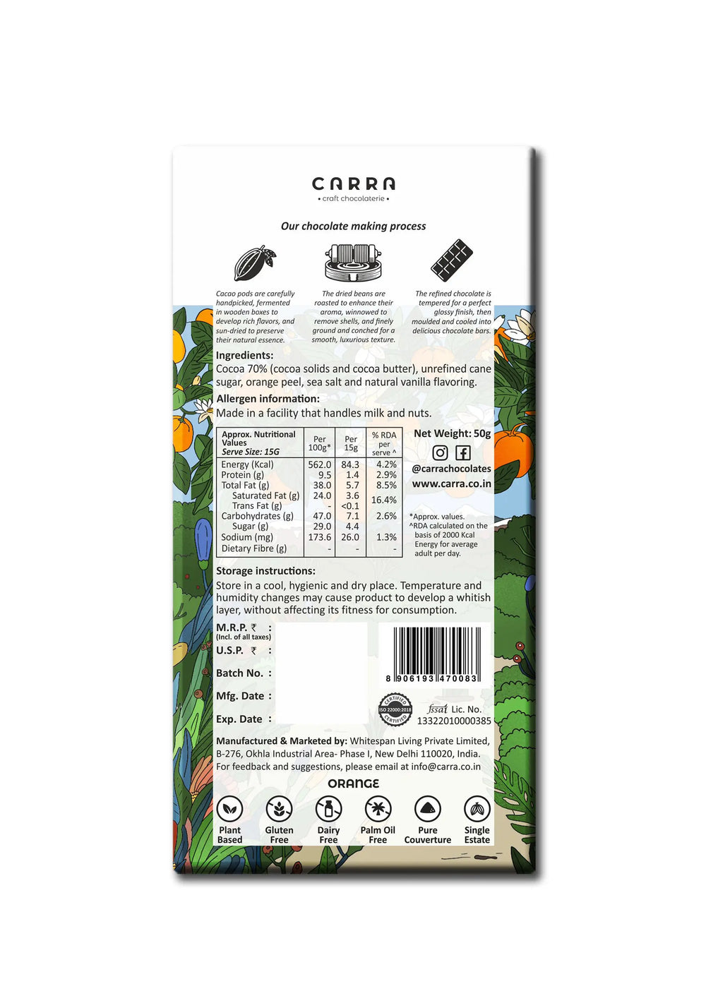 CARRA Orange in 70% Dark Chocolate 50G - EarthBased 