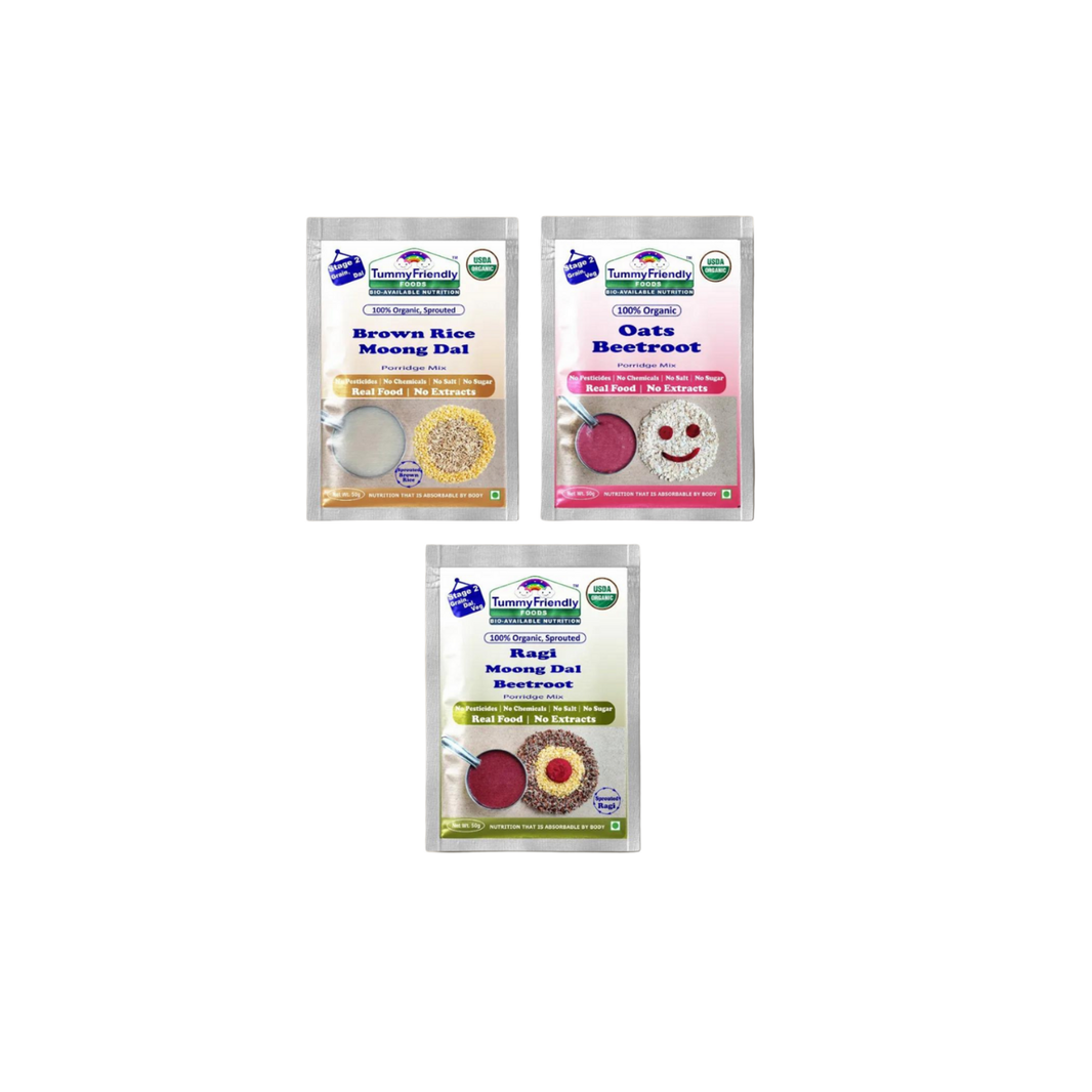 TummyFriendly Foods Certified Organic Stage1 Sprouted Porridge Mixes Trial Packs Sprouted Ragi, Sprouted Brown Rice and Oats | 50g Each, Cereal (150 g, Pack of 6) - EarthBased 