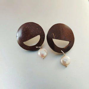 Pearl & Round Coconut Shell Earrings (Golden Hook) - EarthBased 