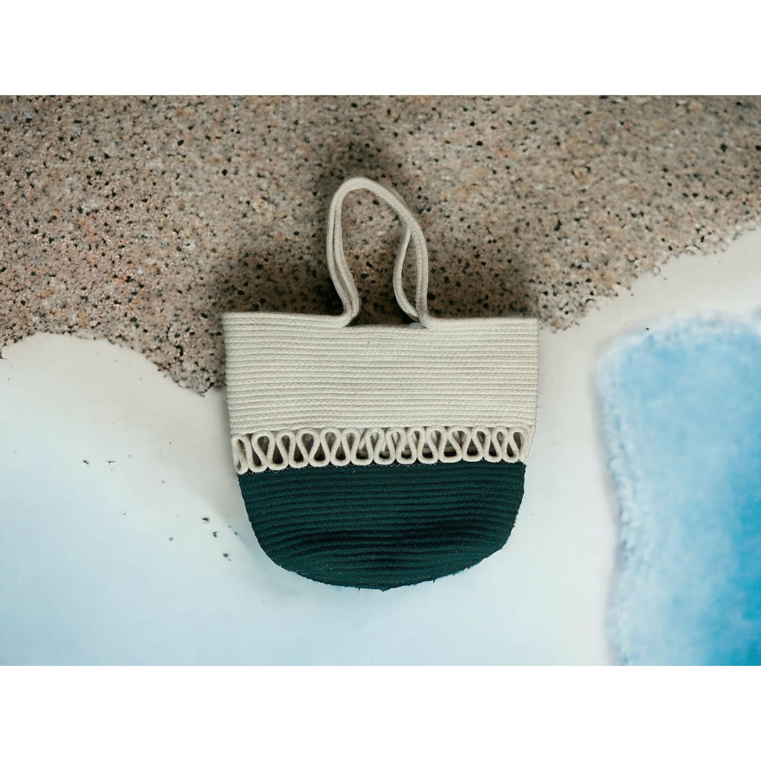 ONEarth cream and green cotton rope handbag, 43 x 12 x 35 cm
