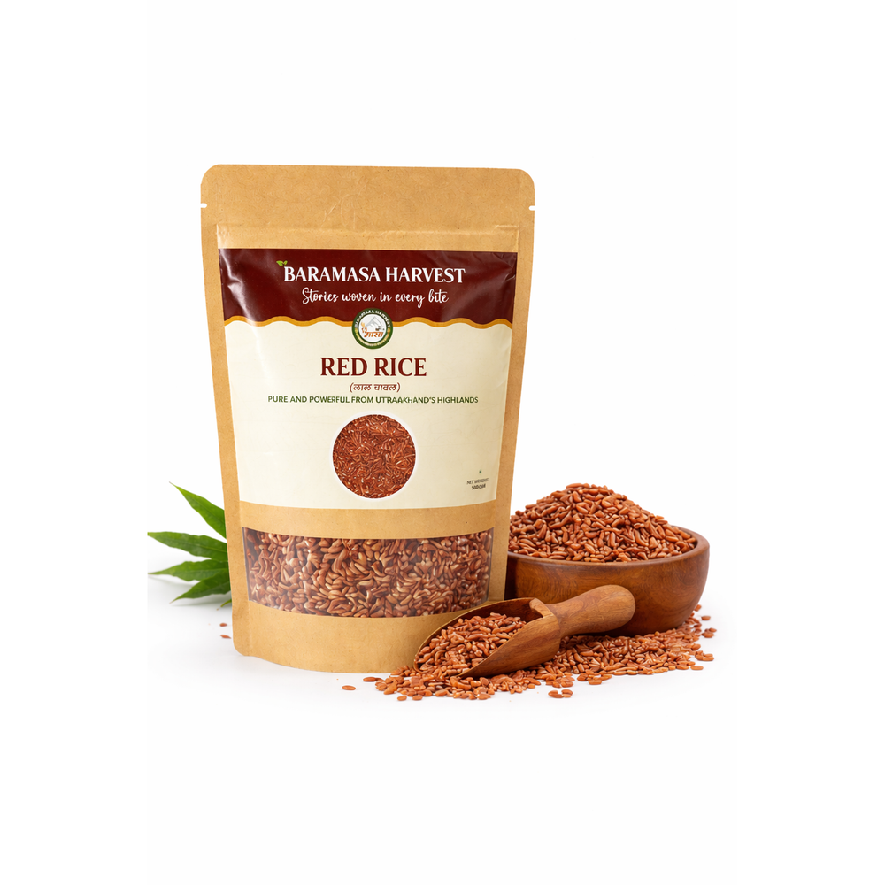 Baramasa Harvest red rice laal chawal 500 g pouch with wooden scoop