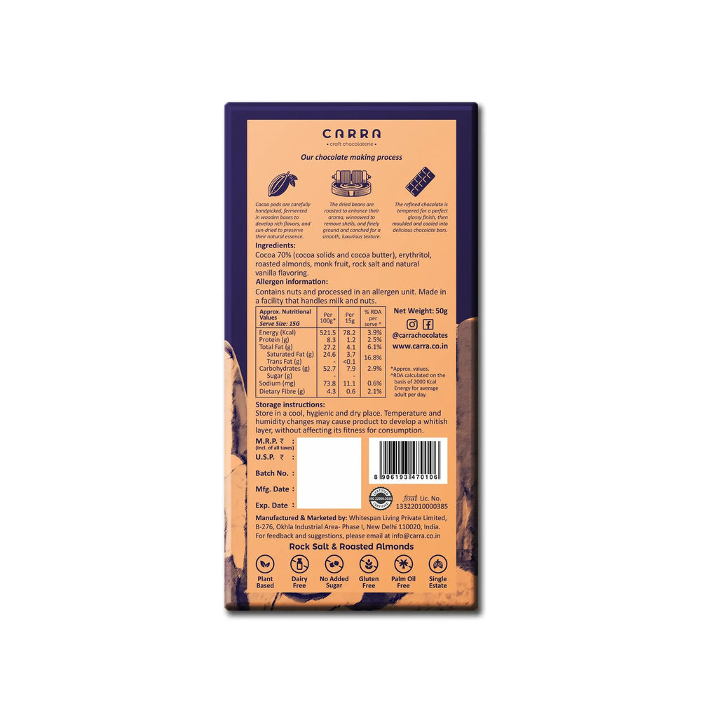 CARRA Rock Salt & Roasted Almonds in 70% Dark Chocolate 50G - EarthBased 
