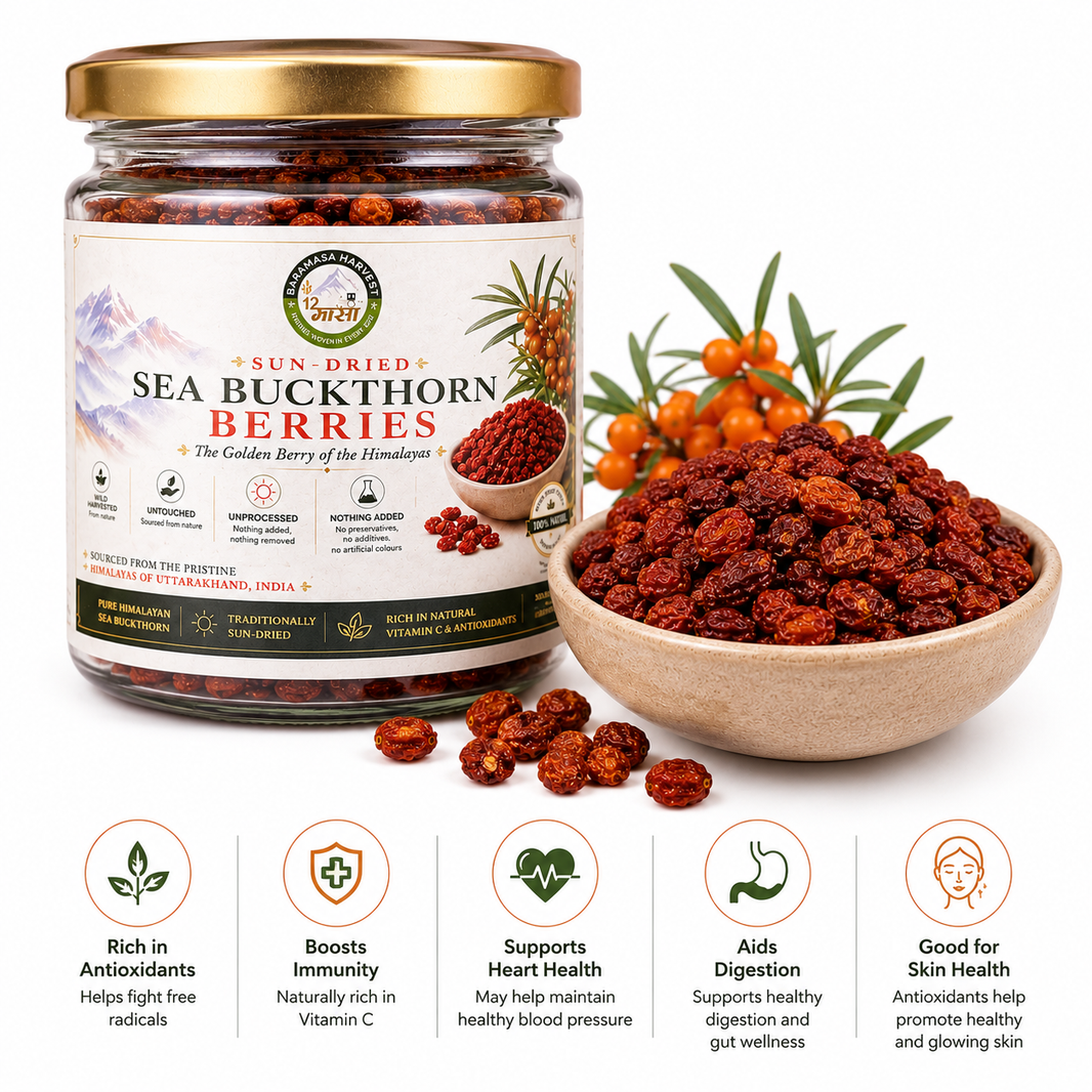 Baramasa Harvest sun-dried sea buckthorn berries glass jar with bowl of berries