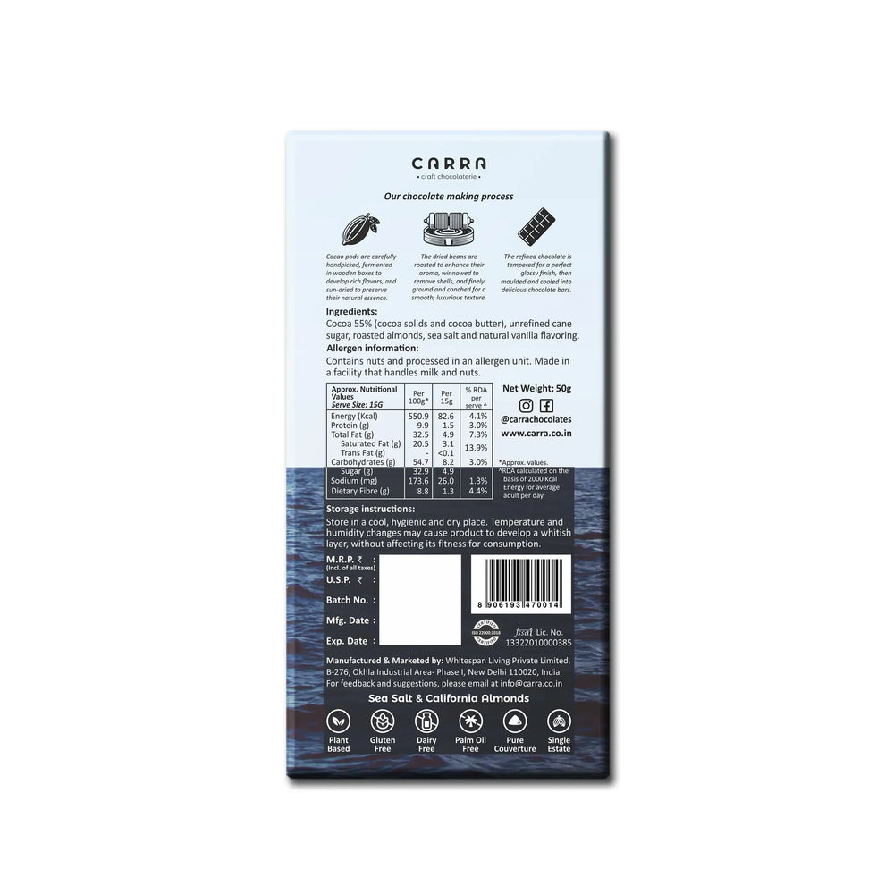 CARRA Sea Salt & California Almonds in 55% Dark Chocolate 50G - EarthBased 