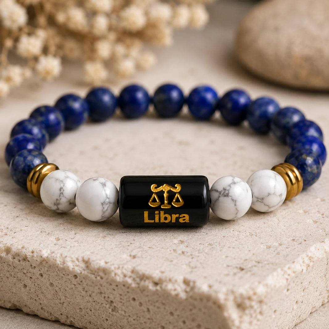 Libra zodiac crystal bracelet in natural Lapis Lazuli and Howlite by Nature Heal