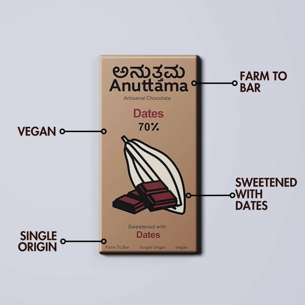 ANUTTAMA Dark Chocolate (50g x 2) Combo of Dates | Handmade Natural Chocolate Bar | Dark Chocolate Bar|Chocolate for Gift |No Artificial Flavours & Colors - EarthBased 