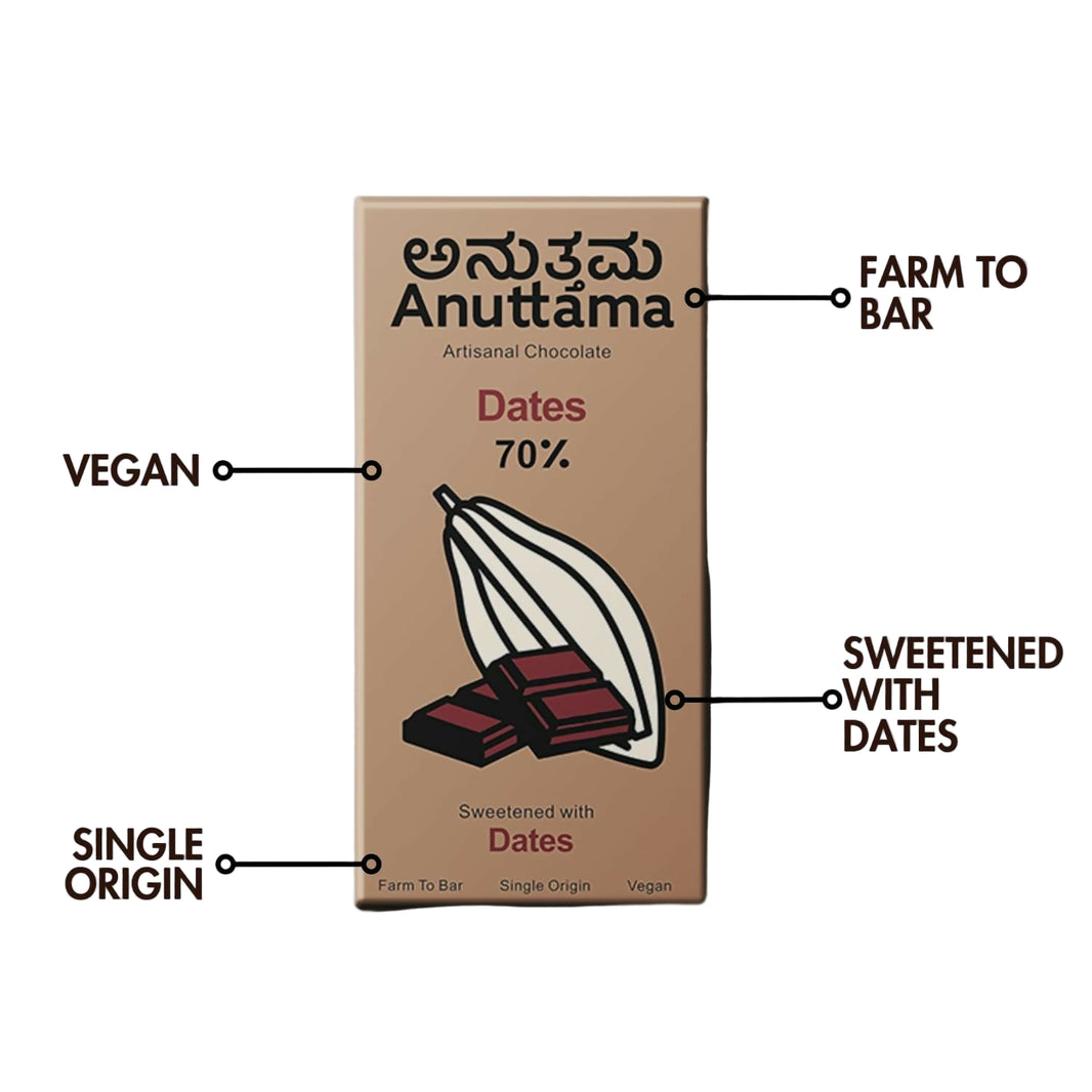ANUTTAMA Dark Chocolate (50g x 2) Combo of Dates | Handmade Natural Chocolate Bar | Dark Chocolate Bar|Chocolate for Gift |No Artificial Flavours & Colors - EarthBased 