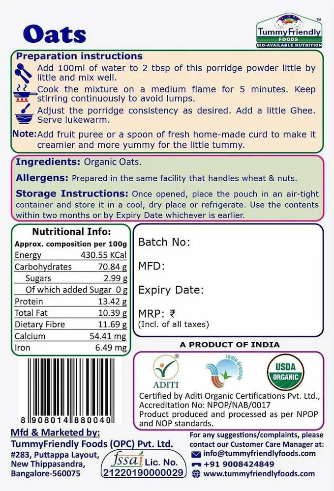 TummyFriendly Foods Certified Oats Porridge Mixes - Stage1, Stage2, Stage3 | Rich in Beta-Glucan, Protein & Fibre|3 Packs, 50g Each Cereal (150 g, Pack of 3) - EarthBased 
