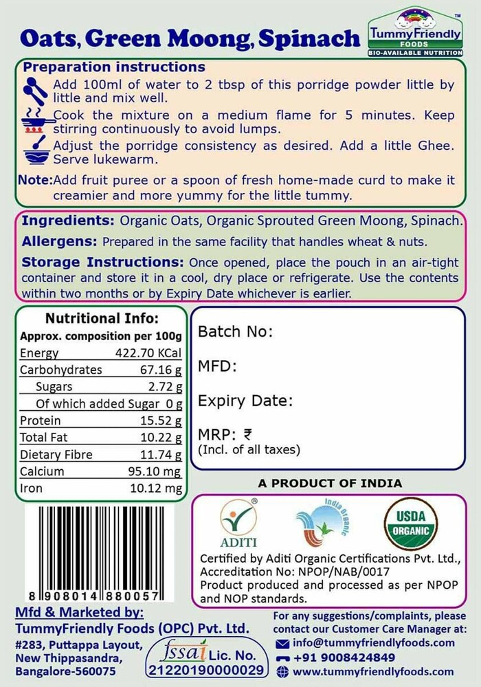 TummyFriendly Foods Certified Oats Porridge Mixes - Stage1, Stage2, Stage3 | Rich in Beta-Glucan, Protein & Fibre|3 Packs, 50g Each Cereal (150 g, Pack of 3) - EarthBased 