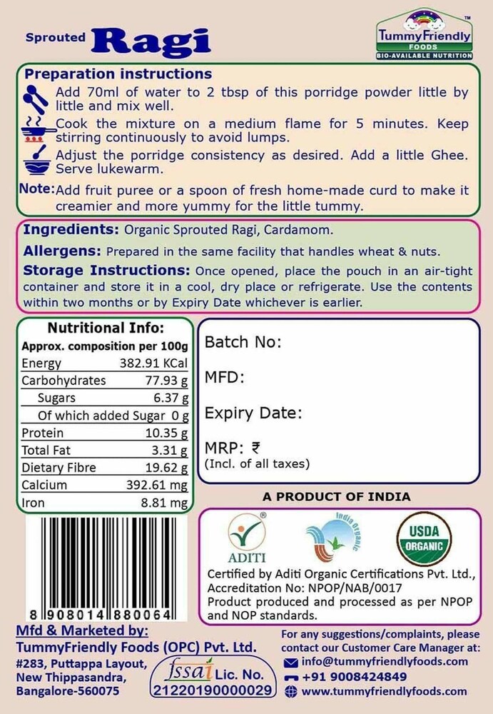 TummyFriendly Foods Certified Ragi Porridge Mixes - Stage1, Stage2, Stage3 | Rich in Calcium, Iron, Fibre & Micro-Nutrients |3 Packs, 50g Each Cereal (150 g, Pack of 3) - EarthBased 