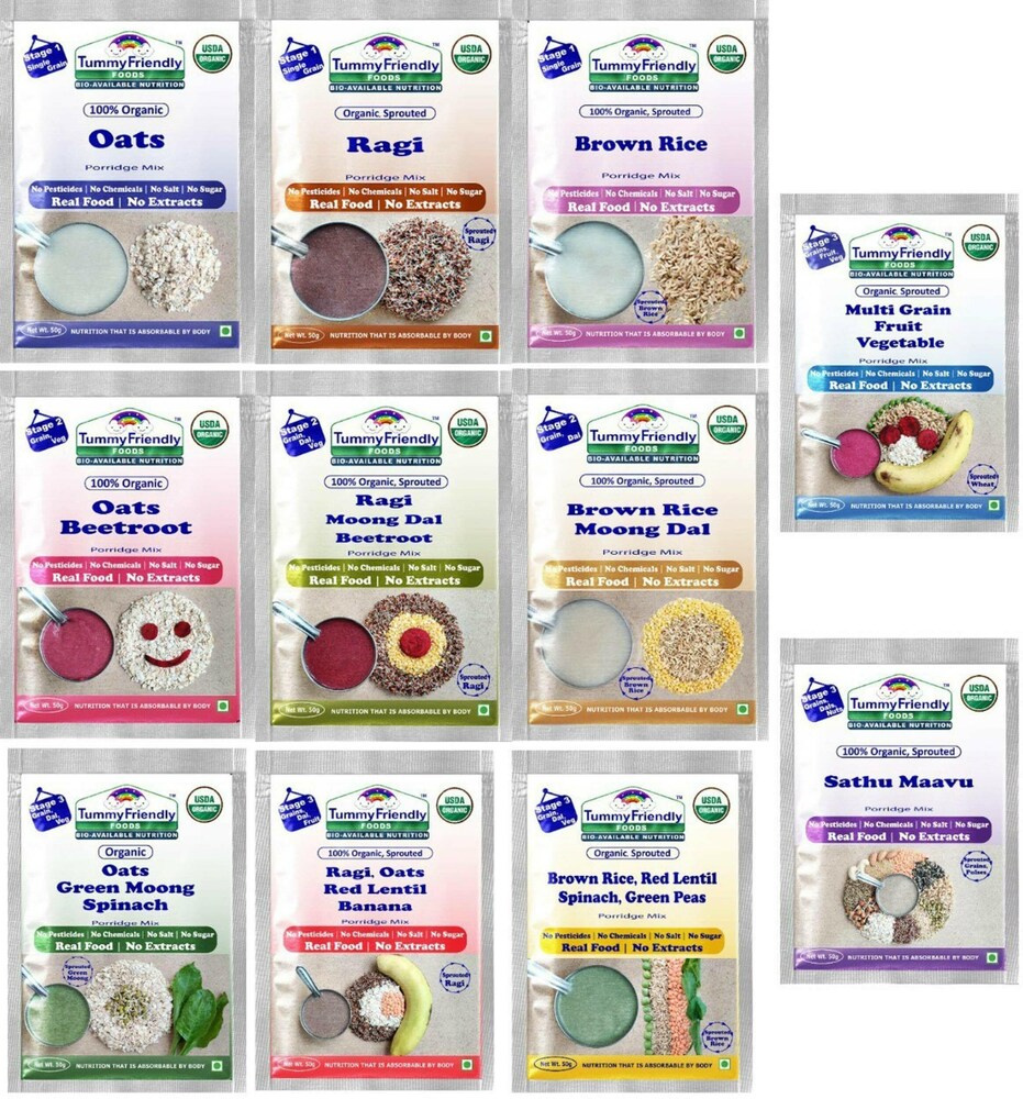 TummyFriendly Foods Certified Stage1, Stage2, Stage3 Porridge Mixes | Organic Baby Food for 6,7,8 Months Old Baby |Trial Packs - 11 Packs, 50g Each Cereal (550 g, Pack of 11) - EarthBased 