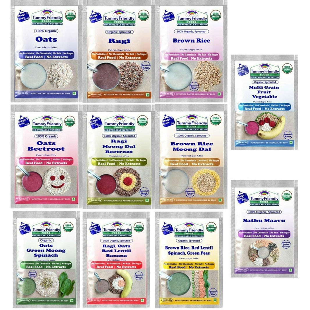 TummyFriendly Foods Certified Stage1, Stage2, Stage3 Porridge Mixes | Organic Baby Food for 6,7,8 Months Old Baby |Trial Packs - 11 Packs, 50g Each Cereal (550 g, Pack of 11) - EarthBased 