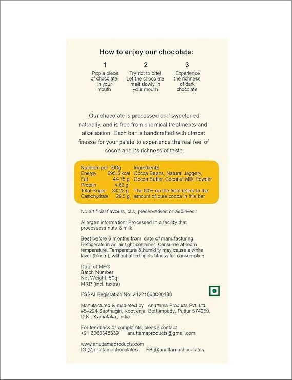 ANUTTAMA Dark Chocolate 50% Cocoa Combo of Bella Tharai (50g x 2) No Artificial Flavours & Colors| No Preservatives | Natural Chocolate Bar | Chocolate for Gift - EarthBased 